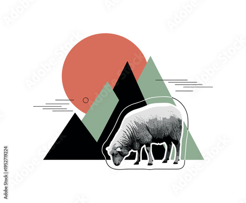 A monochrome sheep grazing calmly, intersected by large flat circular sun shape overlapping stylized geometric mountain blocks, minimal linear