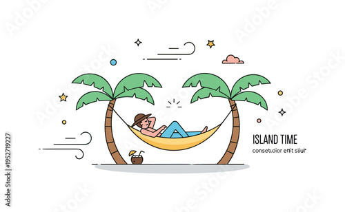 Tropical hammock escape featuring a calm figure lying under curved palm leaves with a tiny coconut drink detail nearby. Soft breeze lines and a short ?Island