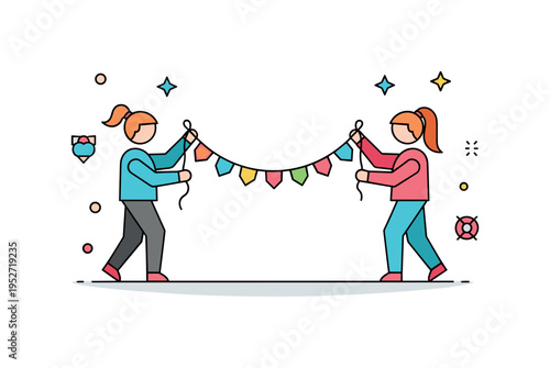 Friendship crafting activity illustrated by two simplified figures holding opposite ends of a colorful garland, symbolizing unity and shared accomplishment.