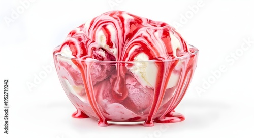 Strawberry And Vanilla Ice Cream Drizzled With Red Sauce In A Clear Glass Bowl