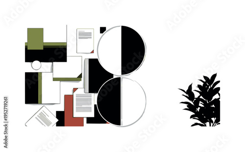 Black and white desk scene cluttered with geometric rectangles and papers on one side, clean open space with plant silhouette on the other, bold semicircles