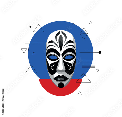 Black and white ceremonial mask isolated as central object, bold cobalt blue circle behind like cultural halo, deep red semicircle grounding the base, minimal