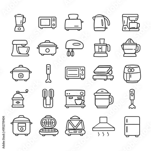 Outline icons of kitchen appliances: blenders, toasters, microwaves, air fryers, coffee makers.