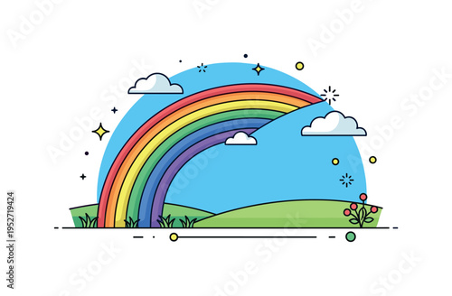 Rainbow arching gracefully across a clear blue sky above a peaceful meadow, with vivid colors reflecting light and symbolizing hope and beauty. Minimalist flat