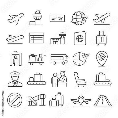 Airport and travel icons: airplane, luggage, passport, security, bus, terminal.