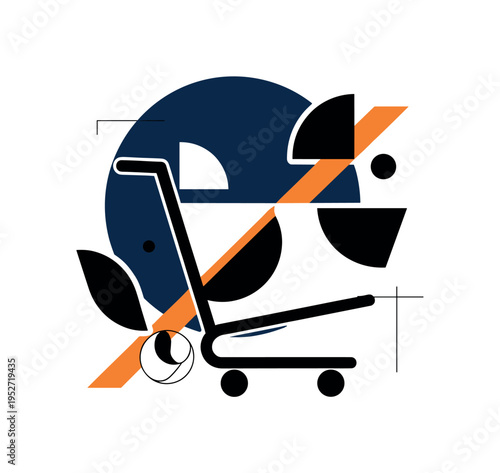 Black and white abstract shopping cart simplified into geometric shapes, oversized navy circle framing upper half like promotional spotlight, thin orange