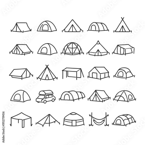 Variety of camping tents and shelters: dome, a-frame, yurt, and more outlines.