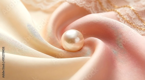 Luminous Pearl Resting On Soft Silk Fabric Background With Elegant Gold And Lace Detail