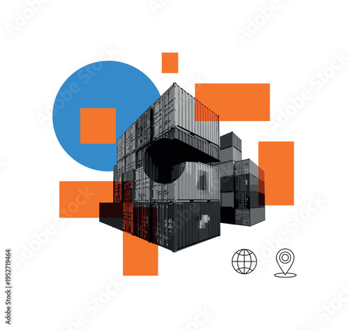Modern graphic collage of stacked shipping containers in monochrome cut-out style, intersected by bright blue circle and orange abstract blocks, small symbolic