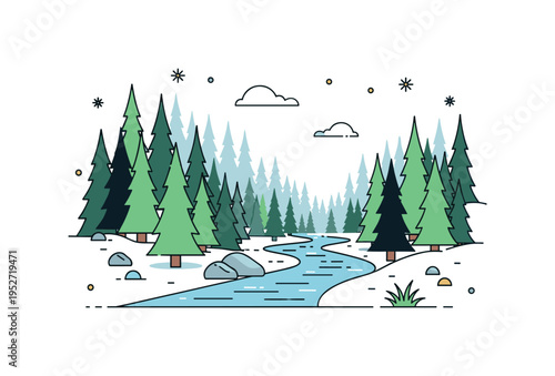 Taiga river flowing gently through a dense evergreen forest, reflecting the soft winter sunlight and emphasizing calmness and wilderness. Minimalist flat