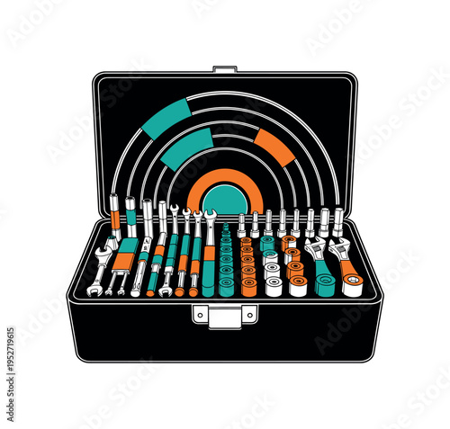 Black and white toolbox opened with tools organized by size, concentric circles and cylindrical forms adding rhythm to the composition, vivid teal and bright