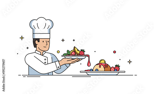 Home chef presenting a plated dessert with a drizzle of sauce and decorative fruit, highlighting artistic culinary presentation and gourmet touch. Minimalist