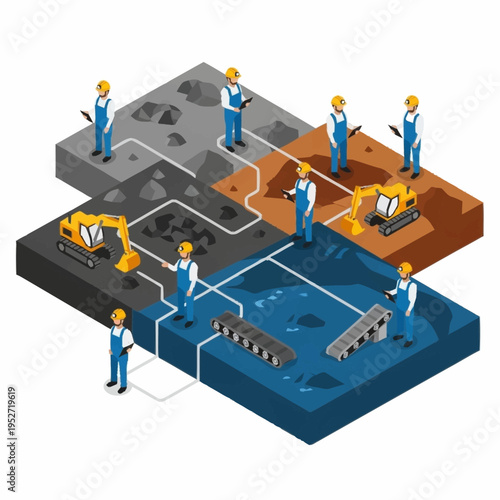 Isometric illustration of a construction site with workers and machinery.