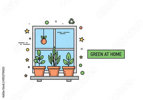 Eco friendly lifestyle badge featuring compact herb pots framed inside a simple window outline. A subtle ?Green at Home? label communicates mindful living and