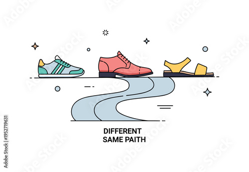 Different shoes same path showing three pairs of shoes?a sneaker, a formal shoe, and a sandal?walking along a shared winding path, symbolizing diverse journeys