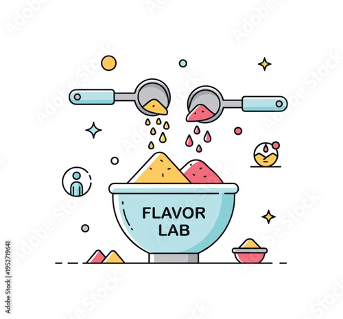 Creative cooking experiment measuring spoons pouring colorful powders into a central bowl marked Flavor Lab. A playful yet balanced illustration