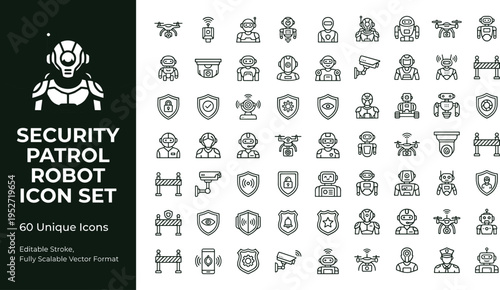 Security patrol robot line icon set with surveillance monitoring guard automation and smart protection technology symbols