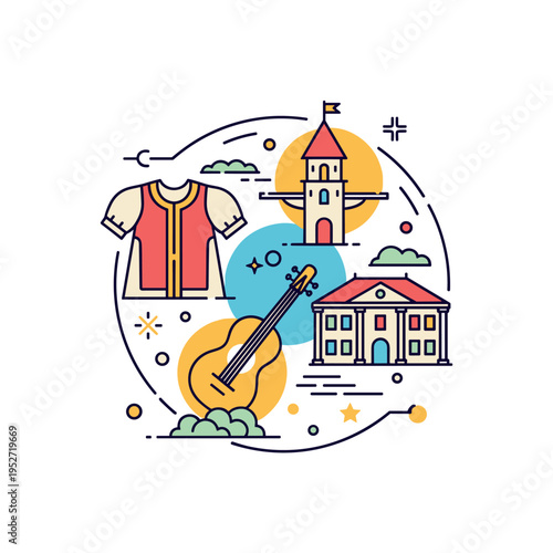 Living history festival concept showing overlapping icons of costume, instrument, and historic building merged into a cohesive circular badge, representing