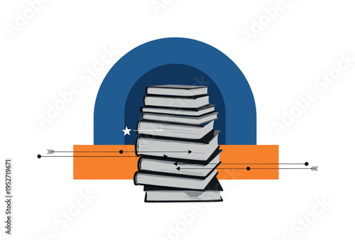 Black and white stack of old photo albums arranged vertically, bold blue semicircle behind upper portion suggesting memory vault, orange rectangle intersecting