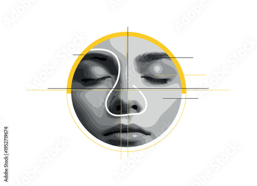 Black and white close-up of relaxed facial features with eyes fully closed, intersected by a bold yellow circular frame and subtle linear elements forming