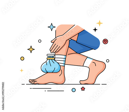 Athlete applying a cold pack to an ankle after a minor sports injury, with small stars and dots emphasizing care, rest, and healing. Minimalist flat vector