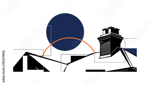 Black and white rooftop silhouette with chimney detail enlarged, oversized navy circle dominating upper composition like sky disc, thin orange arc echoing the