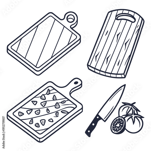 Set of different kitchen cutting boards and chef knife with tomatoes and lime, useful for preparing food and cooking delicious meals for family and friends