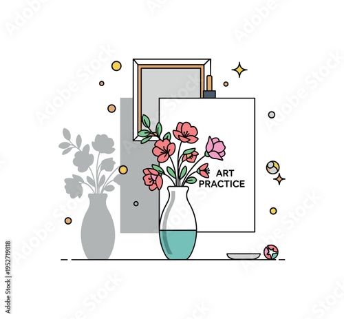 Botanical study setup showing carefully arranged blossoms in a simple vase aligned with a vertical canvas frame. Subtle shadow play and a ?Art Practice? text