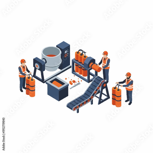 Isometric illustration of a metal recycling and casting process with workers.