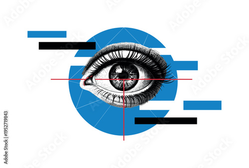 Black and white Renaissance-style eye detail enlarged and layered over geometric blue circle, thin red linear accent crossing like timeline marker, abstract