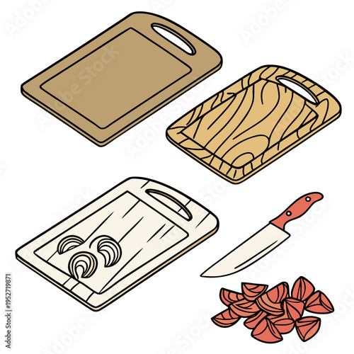 Assortment of kitchen cutting boards, a sharp knife, and sliced tomatoes and onions, ideal for chopping vegetables and preparing ingredients for a delicious home-cooked meal