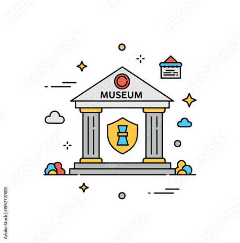Museum and heritage conservation concept centered on a simple museum facade with a small artifact icon inside, expressing curation, protection, and cultural