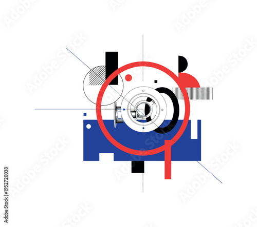 Black and white top-down diagram of toilet flange and wax ring placement, bright red circular frame intersecting the flange area, deep blue rectangular block