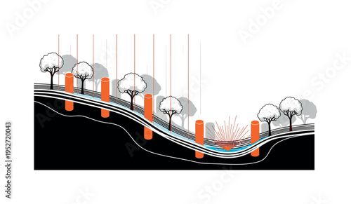 Black and white cross-section of a swale system with trees planted along contour lines, overlaid with orange cylindrical shapes and thin vertical lines