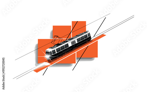 Black and white tram moving diagonally across composition, intersected by bold orange abstract blocks and thin diagonal lines creating dynamic urban rhythm,