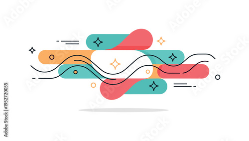 Fluid abstract composition represented by overlapping rounded forms and smooth wave lines arranged in dynamic balance, expressing motion and natural