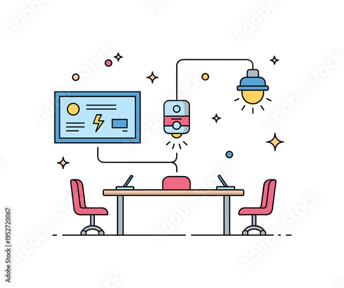 Smart meeting room automation featuring a conference table linked to a wall screen, motion sensor, and lighting icon, expressing synchronized presentations and