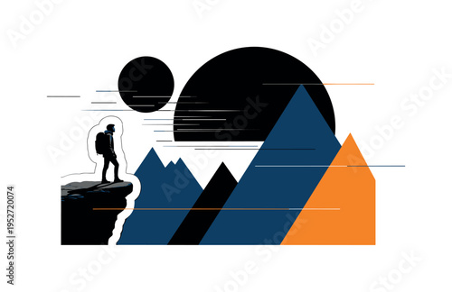 A black and white realistic silhouette of a lone explorer standing on a cliff edge, oversized abstract semicircle behind like a rising sun, bold geometric