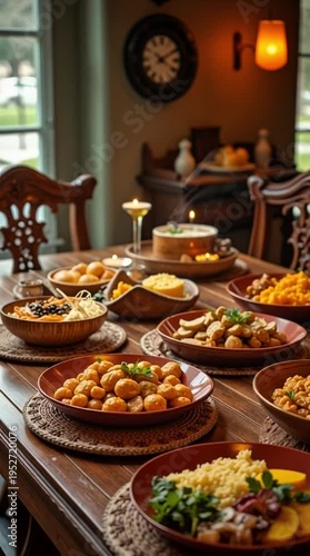 An inviting spread of delicious food fills a warmly lit dining table, ready for a meal.