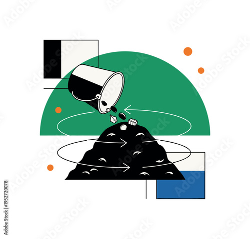 Black and white bucket tipping organic scraps onto a compost pile, large flat green semicircle behind like protective dome, thin circular arrows surrounding