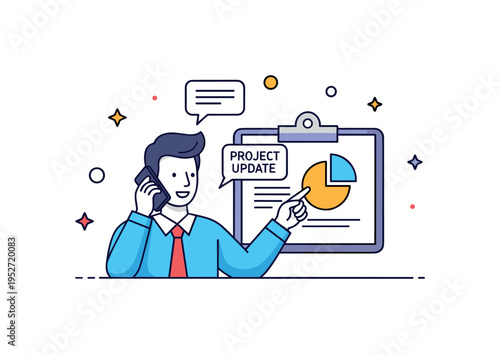 Office multitasking moment highlighting a figure speaking on the phone while pointing to a simple chart on a clipboard. A small ?Project Update? text detail