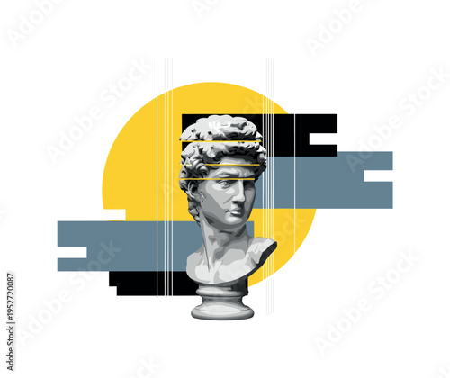 Black and white classical bust sculpture with the top half duplicated and slightly misaligned to create distortion effect, bright yellow geometric circle
