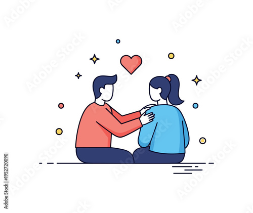 Supportive conversation two figures sitting side by side with one gently placing a hand on the other?s shoulder, accompanied by a small heart icon above them.