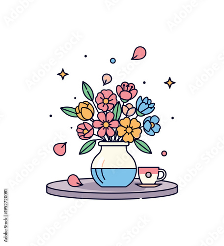 Decorative table arrangement with small vase and mixed blossoms positioned on a round surface, conveying cozy home ambiance and thoughtful styling. Gentle