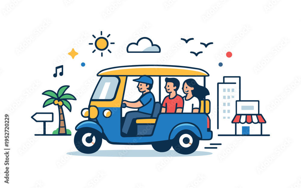 Fototapeta premium Taking a tuk tuk cheerful city ride capturing the charm of everyday urban travel as a small three wheeled taxi moves through lively streets with a relaxed
