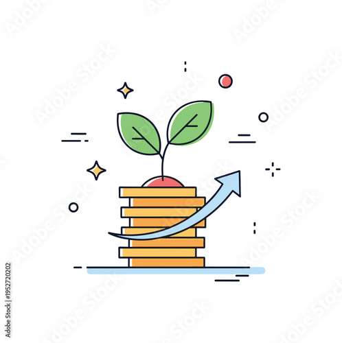 Scaling business growth concept illustrated by a small plant growing out of a coin stack with a subtle upward arrow accent, expressing long term development