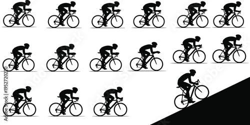 Cyclist silhouette set showing racing positions and uphill ride isolated on white background, road cycling sport, speed, endurance, fitness training, bicycle motion concept