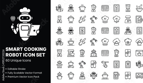 Smart Cooking Robot Line Icon Set Featuring Kitchen Automation Appliances Artificial Intelligence And Culinary Technology