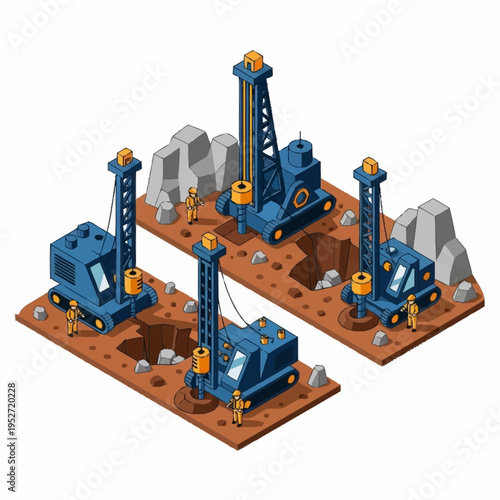 Isometric illustration of drilling rigs at a construction site.