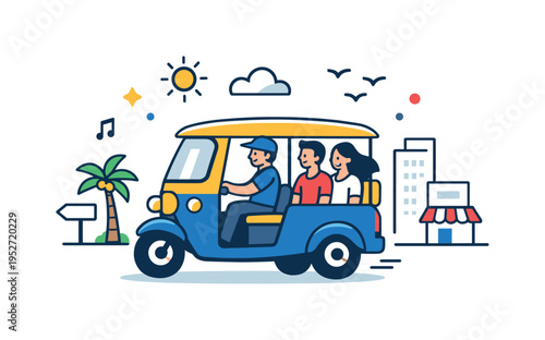 Taking a tuk tuk cheerful city ride capturing the charm of everyday urban travel as a small three wheeled taxi moves through lively streets with a relaxed